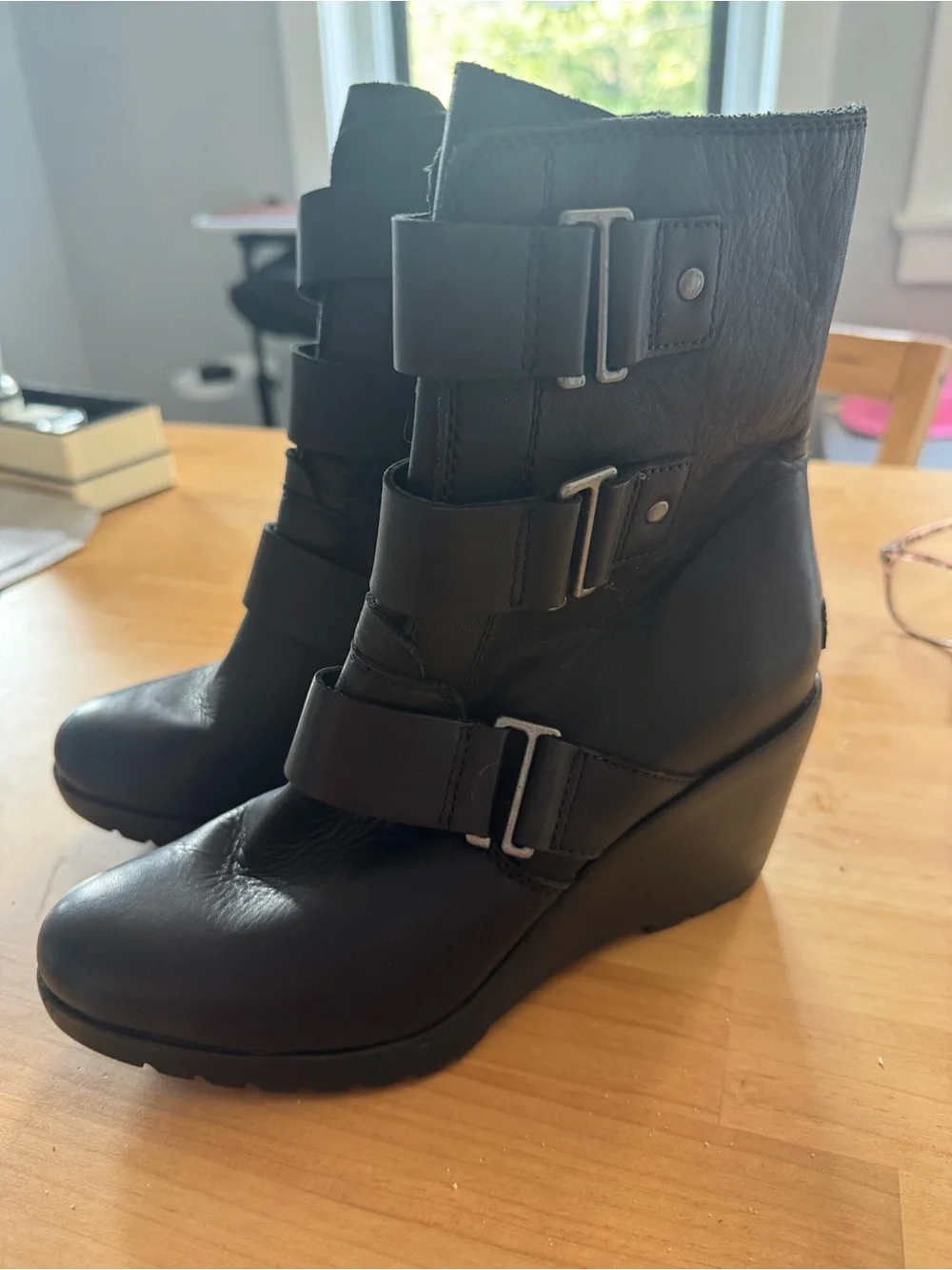 Sorel Black After Hours Leather Wedge Ankle Boots with Triple Buckle Straps